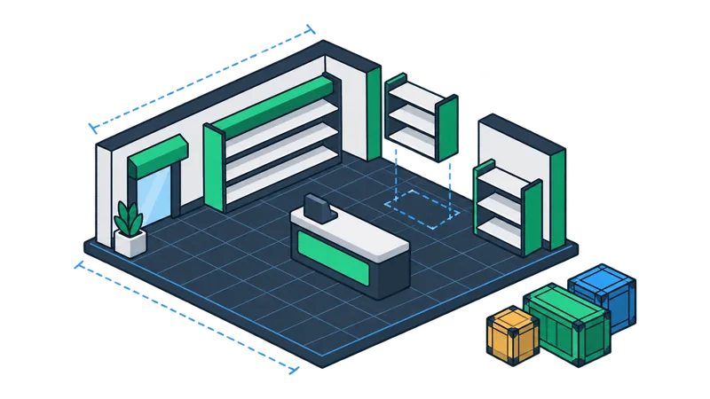 Isometric store layout being assembled from fixtures
